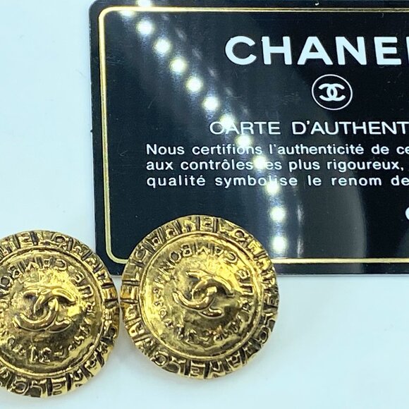 Chanel Gold Gold Plated CC Round Clip On Earrings Golden authentic 26mm GS341 - Picture 1 of 8